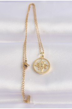 316L Çelik Zincir Altın Renk Zirkon Taşlı Oval Tasarım Güneş Kolye