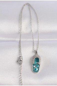 316L Çelik Zincir Zirkon Taşlı Gümüş Renk Nazarlı Terlik Tasarımlı Kolye