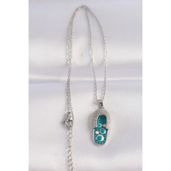 316L Çelik Zincir Zirkon Taşlı Gümüş Renk Nazarlı Terlik Tasarımlı Kolye 316L Çelik Zincir Zirkon Taşlı Gümüş Renk Nazarlı Terlik Tasarımlı Kolye