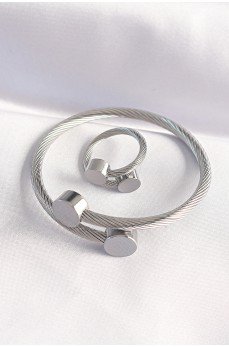 316L Çelik Gümüş Renk Oval Aksesuarlı Burgu Model Bileklik ve Yüzük Kombini