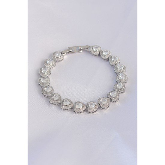 Vip Seri Pirinç Zirkon Taşlı Gümüş Renk Kalp Model Bileklik