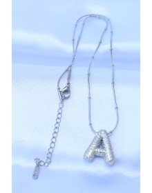 316L Çelik Zincirli Zirkon Taşlı A Harfli Gümüş Renk Bubble Kolye