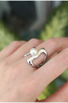 Pirinç Gümüş Renk Ayarlanabilir İnci Taşlı Yüzük