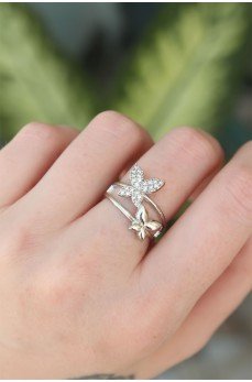 Pirinç Gümüş Renk Ayarlanabilir Zirkon Taşlı Kelebek Yüzük