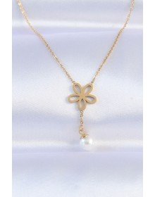 316L Çelik Zincir Gold Renk İnci Detay Çiçek Kolye