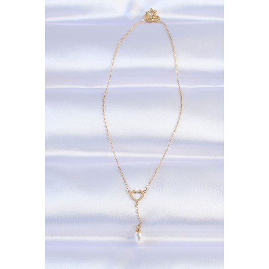 316L Çelik Zincir Gold Renk İnci Taş Detay Kalp Kolye
