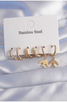 316L Çelik Gold Renk Oval Tasarım Kuş Model Küpe Seti