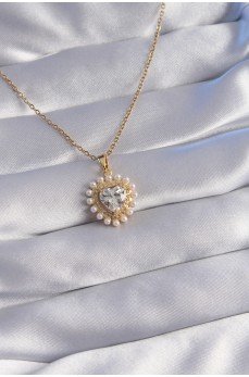 316L Çelik Zincir Gold Renk İncili Zirkon Taşlı Kalp Tasarımlı Kolye