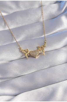 316L Çelik Zincir Gold Renk Zirkon Taşlı Kalp Model Kelebek Detay Kolye