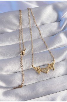 316L Çelik Zincir Gold Renk Zirkon Taşlı Kalp Model Kelebek Detay Kolye