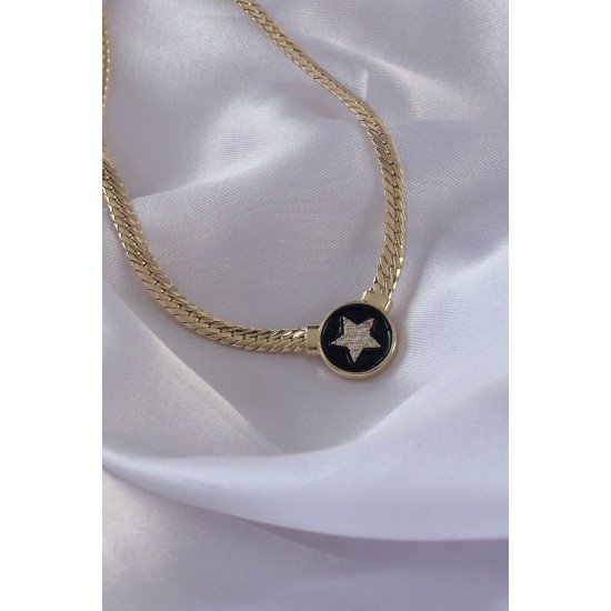 Pirinç Gold Renk Zirkon Taşlı Yıldız Model Siyah Mineli Ezme Zincirli Serenay Kolyesi Pirinç Gold Renk Zirkon Taşlı Yıldız Model Siyah Mineli Ezme Zincirli Serenay Kolyesi
