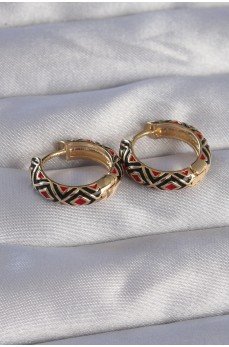 Pirinç Gold Renk Siyah Etnik Desenli Halka Küpe Pirinç Gold Renk Siyah Etnik Desenli Halka Küpe