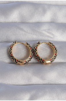 Pirinç Gold Renk Siyah Etnik Desenli Halka Küpe