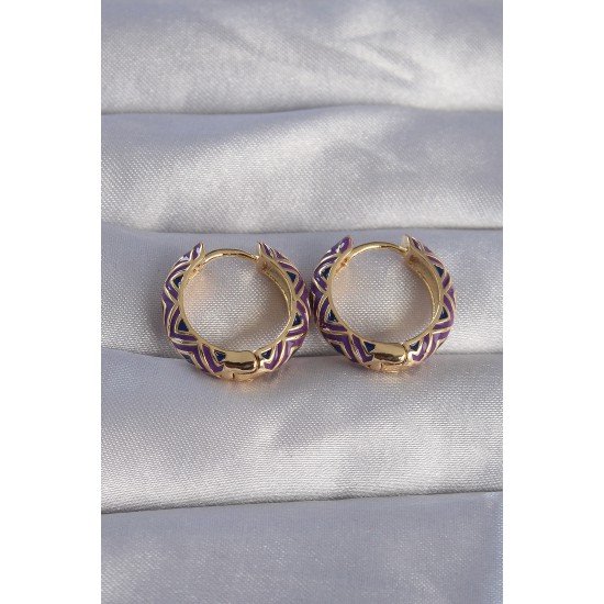 Pirinç Gold Renk Mor Etnik Desenli Halka Küpe Pirinç Gold Renk Mor Etnik Desenli Halka Küpe