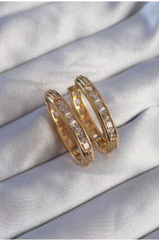 Pirinç Gold Renk Zirkon Taşlı Oval Model Küpe
