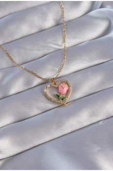 316L Çelik Zincirli Gold Renk Zirkon Taşlı Kalp İçinde Pembe Gül Tasarımlı Kolye