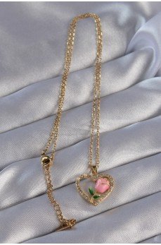 316L Çelik Zincirli Gold Renk Zirkon Taşlı Kalp İçinde Pembe Gül Tasarımlı Kolye