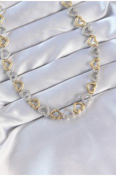 Vip Seri Pirinç Çift Renk Zirkon Taşlı İçi Boş Kalp Tasarımlı Kolye