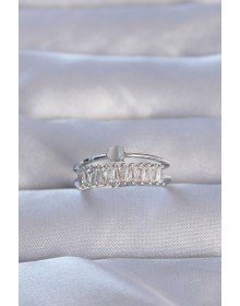 Pirinç Gümüş Renk Zirkon Taşlı Baget Su Yolu Model Ayarlanabilir Yüzük