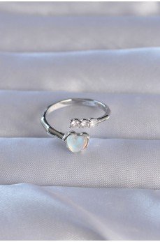 Pirinç Gümüş Renk Zirkon Taşlı Sedefli Kalp Model Ayarlanabilir Yüzük