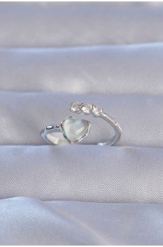 Pirinç Gümüş Renk Zirkon Taşlı Sedefli Kalp Model Ayarlanabilir Yüzük