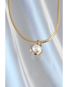 316L Çelik Gold Renk Yassı Zincir İnci Taşlı Kolye