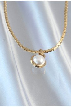 316L Çelik Gold Renk Yassı Zincir İnci Taşlı Kolye