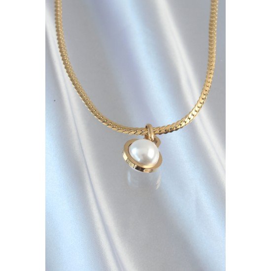 316L Çelik Gold Renk Yassı Zincir İnci Taşlı Kolye