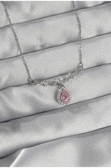 316L Çelik Gümüş Renk Pembe Zirkon Taşlı Damla Kolye