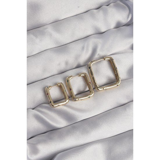 Pirinç Gold Renk Renkli Zirkon Taşlı Kare Model Küpe Seti