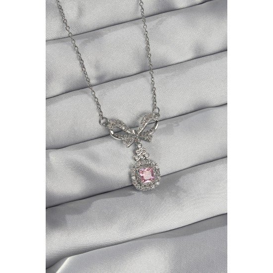316L Çelik Gümüş Renk Fiyonk Detay Pembe Zirkon Taşlı Tektaş Kolye 316L Çelik Gümüş Renk Fiyonk Detay Pembe Zirkon Taşlı Tektaş Kolye