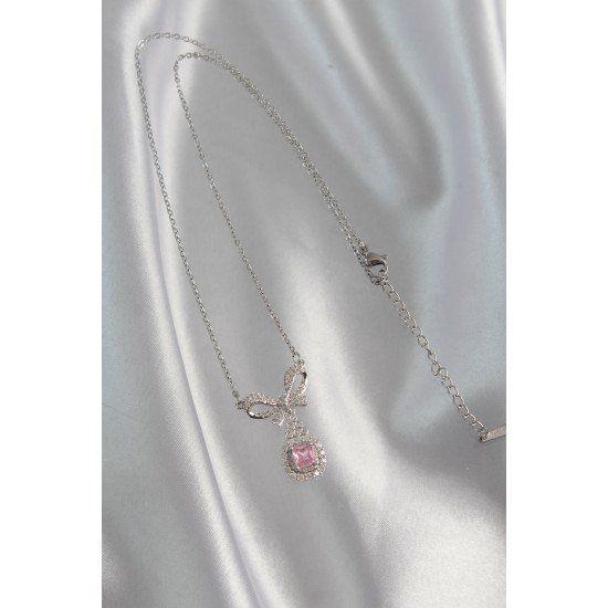 316L Çelik Gümüş Renk Fiyonk Detay Pembe Zirkon Taşlı Tektaş Kolye 316L Çelik Gümüş Renk Fiyonk Detay Pembe Zirkon Taşlı Tektaş Kolye