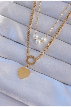 316L Çelik Gold Renk Çift Zincir İnci Detayı Love Kalp Kolye