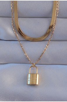 316L Çelik Gold Renk Çift Zincir Kilit Model Kolye