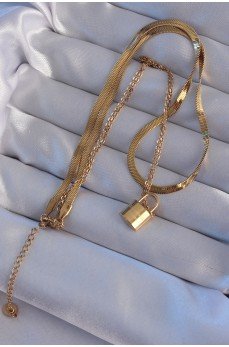 316L Çelik Gold Renk Çift Zincir Kilit Model Kolye