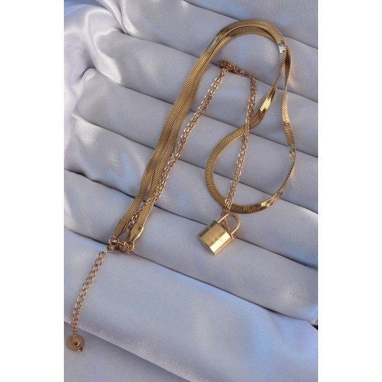 316L Çelik Gold Renk Çift Zincir Kilit Model Kolye 316L Çelik Gold Renk Çift Zincir Kilit Model Kolye