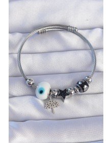 316L Çelik Gümüş Renk Siyah Zirkon Taşlı Yıldız Tasarımlı Ağaç Detay Nazarlı Charm Bileklik