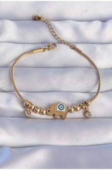 316L Çelik Gold Renk Zirkon Taşlı Nazarlı Fil Tasarımlı Bileklik