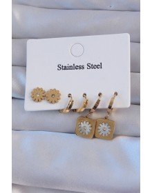 316L Çelik Gold Renk Zirkon Taşlı Sedefli Papatya Model Halka Küpe Seti