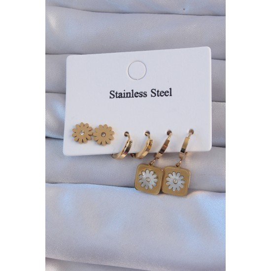 316L Çelik Gold Renk Zirkon Taşlı Sedefli Papatya Model Halka Küpe Seti 316L Çelik Gold Renk Zirkon Taşlı Sedefli Papatya Model Halka Küpe Seti