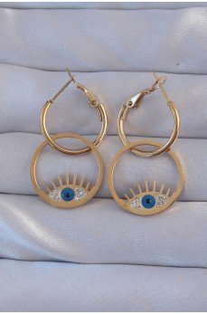 316L Çelik Gold Renk Zirkon Taşlı Mavi Göz Tasarımlı Halka Küpe
