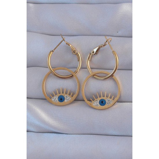 316L Çelik Gold Renk Zirkon Taşlı Mavi Göz Tasarımlı Halka Küpe 316L Çelik Gold Renk Zirkon Taşlı Mavi Göz Tasarımlı Halka Küpe