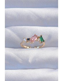 Pirinç Gold Renk Renkli Zirkon Taşlı Ayarlanabilir Yüzük