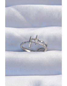 Pirinç Gümüş Renk Zirkon Taşlı 2li Görünüm Ayarlanabilir Yıldız Model Yüzük