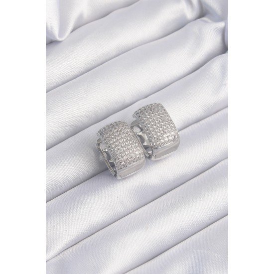 Pirinç Gümüş Renk Zirkon Taşlı Minimal Halka Küpe Pirinç Gümüş Renk Zirkon Taşlı Minimal Halka Küpe