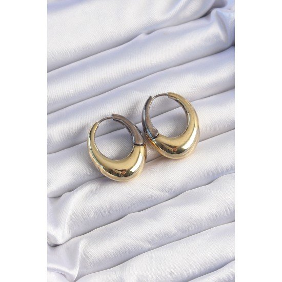 Pirinç Gold Gümüş Renkli Oval Bombeli Küpe