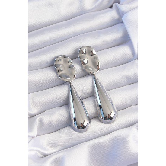 Pirinç Gümüş Renk Uzun Bombeli Ezme Plaka Küpe Pirinç Gümüş Renk Uzun Bombeli Ezme Plaka Küpe