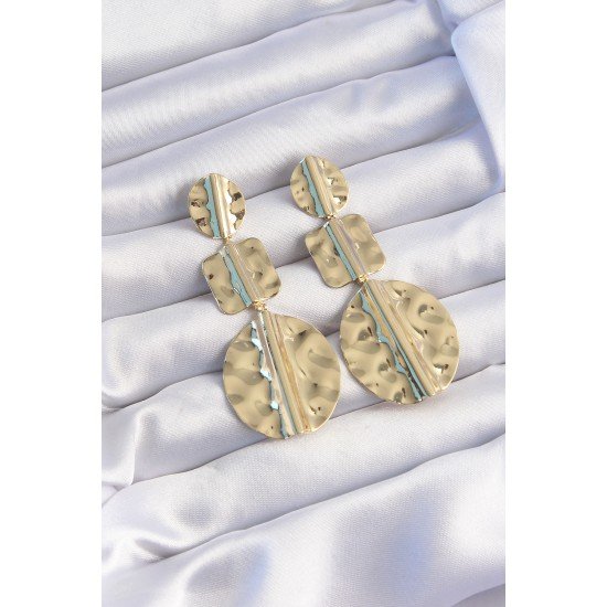 Pirinç Gold Renk Geometrik Ezme Plaka Küpe