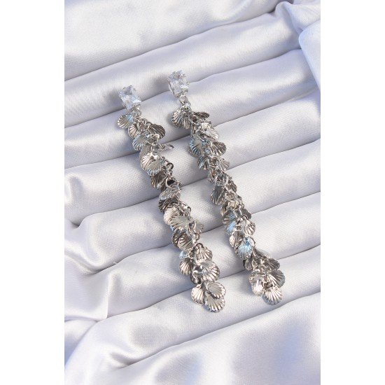 Pirinç Gümüş Renk Zirkon Taşlı Minimal Deniz Kabuklu Sallantılı Küpe Pirinç Gümüş Renk Zirkon Taşlı Minimal Deniz Kabuklu Sallantılı Küpe