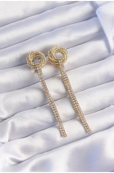 Pirinç Gold Renk Zirkon Taşlı Kıvrım Detay Sallantılı Küpe
